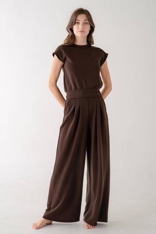 The Pleated Knit Trouser in Coffee Brown - Olive Street