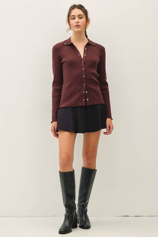 The Snap Button Ribbed Cardigan in Brown