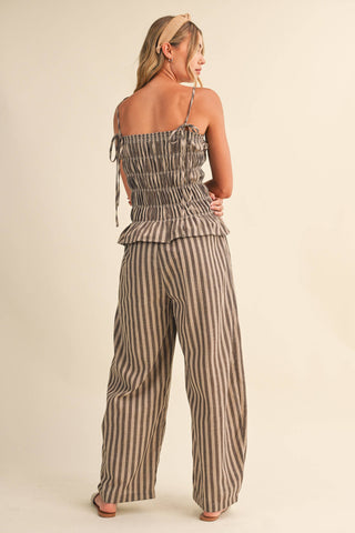 The Striped Ruffle Hem Plaid Top and Wide Leg Pant Set - Olive Street
