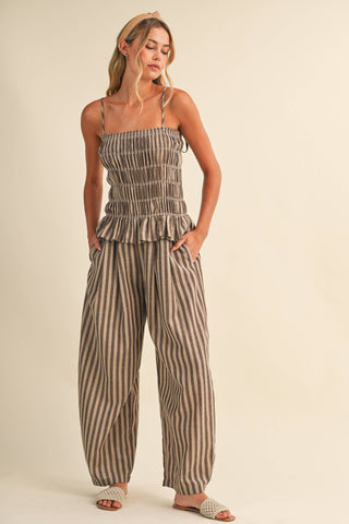 The Striped Ruffle Hem Plaid Top and Wide Leg Pant Set - Olive Street