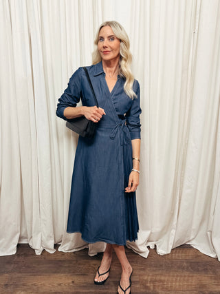 The Denim Wrap Pleat Detail Midi Dress
