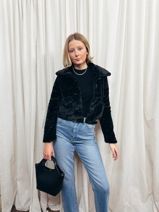 The Faux Fur Toggle Button Jacket in Black