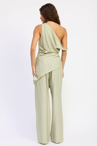 WIDE LEG PINSTRIPE PANTS: SAGE STRIPE / Contemporary / S - Olive Street