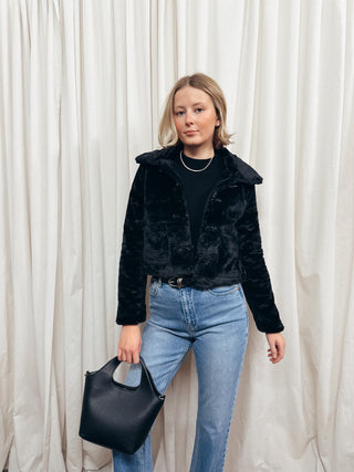 The Faux Fur Toggle Button Jacket in Black