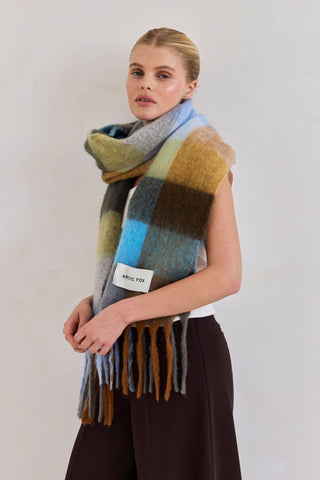 The Reykjavik Scarf - 100% Recycled in Blue and Orange Check