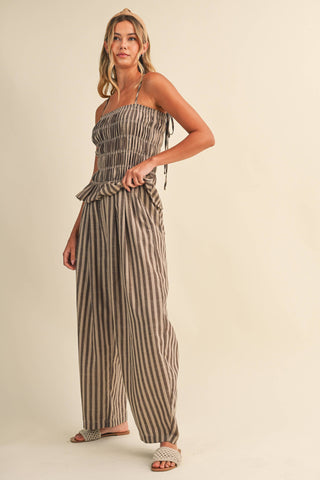 The Striped Ruffle Hem Plaid Top and Wide Leg Pant Set - Olive Street