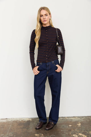 The Raw Edge Stripe Mock Neck Cardigan - Olive Street