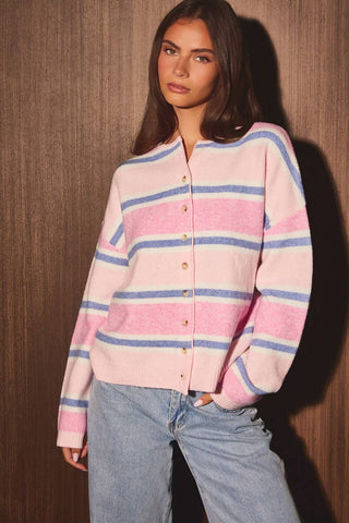 LONG SLEEVE ROUND NECK STRIPED SOFT CARDIGAN: BROWN-MULTI STRIPE / L - Olive Street
