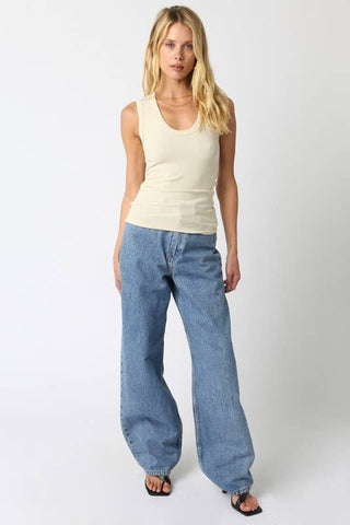 The U-Neck Fitted Ribbed Tank in Cream - Olive Street