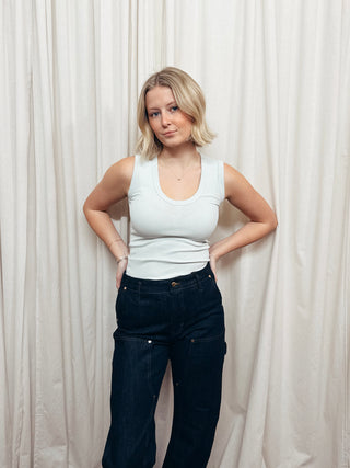 The U-Neck Fitted Ribbed Tank in Blue - Olive Street