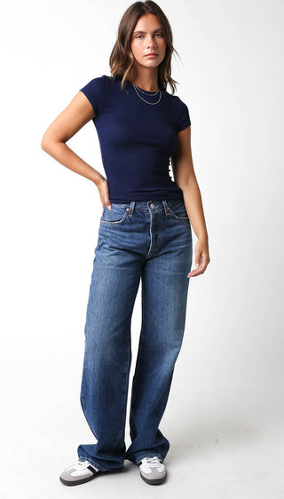 The Ribbed Cap Sleeve Baby Tee in Navy - Olive Street