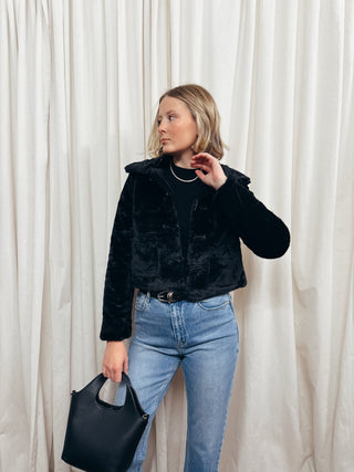 The Faux Fur Toggle Button Jacket in Black
