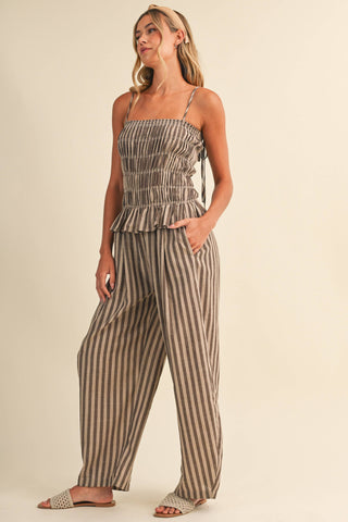 The Striped Ruffle Hem Plaid Top and Wide Leg Pant Set - Olive Street