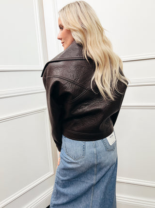 Cropped Oversized Collar Faux Leather Jacket