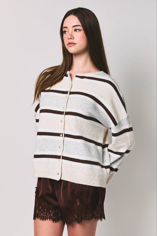 LONG SLEEVE ROUND NECK STRIPED SOFT CARDIGAN: BROWN-MULTI STRIPE / L - Olive Street