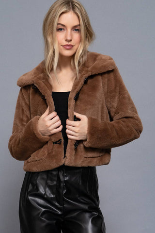 The Faux Fur Toggle Button Jacket in Brown