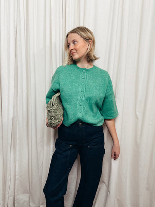 The Short Sleeve Button Cardigan in Green - Olive Street