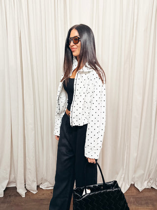 The High Neck Drawstring Pullover Jacket in White Dot