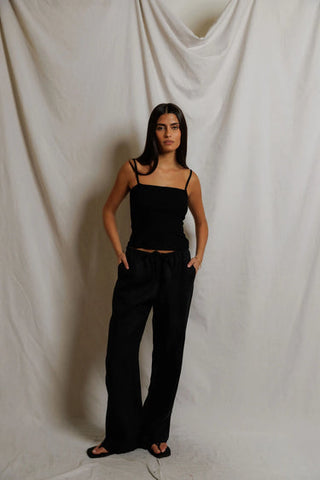 The Lorana Linen Drawstring Pant in Black - Olive Street