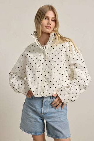 The High Neck Drawstring Pullover Jacket in White Dot - Olive Street
