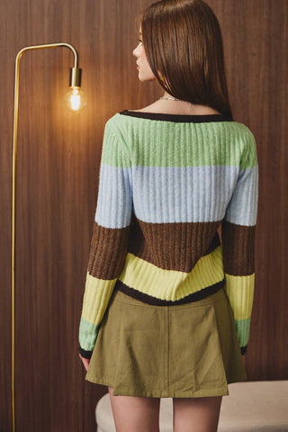 BOAT NECK MULTI COLOR SWEATER RIB TOP: LT BLUE-MULTI STRIPE / L - Olive Street