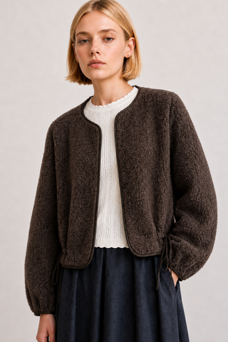 FUZZY TEXTURED DRAWSTRING JACKET: Mocha / Contemporary / M/L - Olive Street