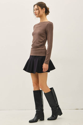 The Modal Ribbed Boat Neck Ruched Top in Brown