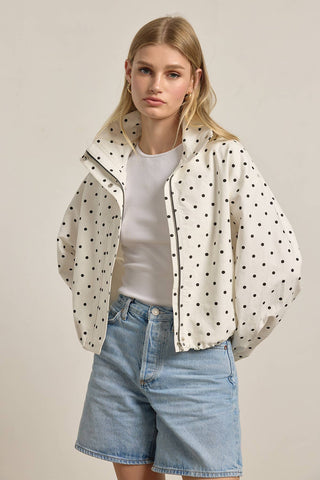 The High Neck Drawstring Pullover Jacket in White Dot - Olive Street