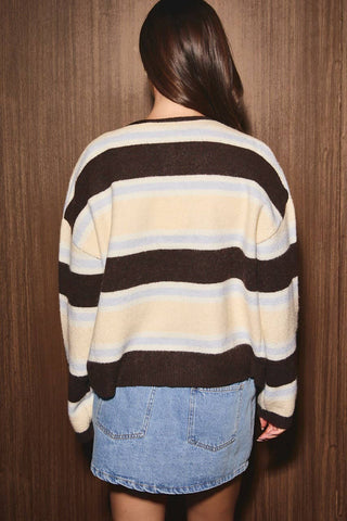 LONG SLEEVE ROUND NECK STRIPED SOFT CARDIGAN: BROWN-MULTI STRIPE / L - Olive Street