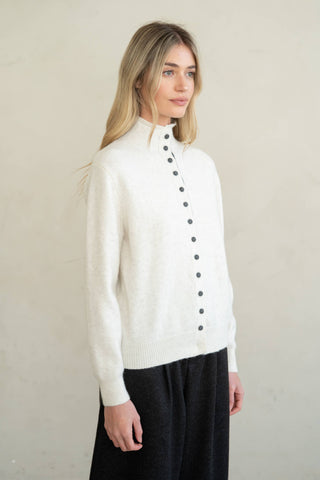 CONTRAST PLACKET STAND COLLAR CARDIGAN: Heather Ivory / Contemporary / M/L - Olive Street