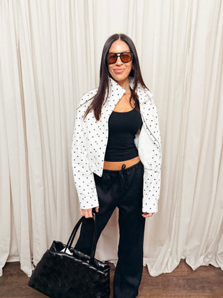 The High Neck Drawstring Pullover Jacket in White Dot