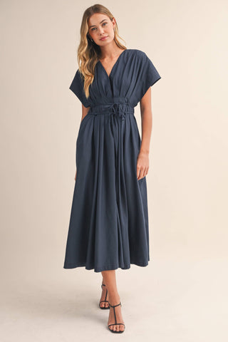 The Poplin Pleated Detail Belted Maxi Dress - Olive Street