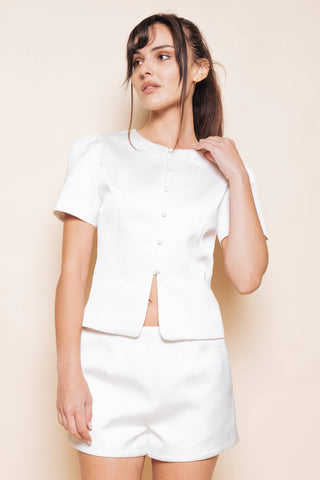 The Short Sleeve Structured Satin Top - Olive Street