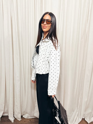 The High Neck Drawstring Pullover Jacket in White Dot