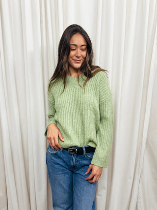 The Ribbed Knit V Neck Sweater - Olive Street
