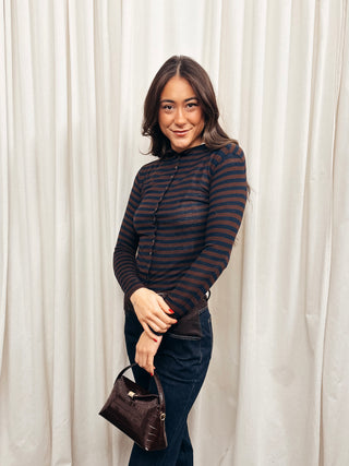 The Raw Edge Stripe Mock Neck Cardigan