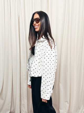 The High Neck Drawstring Pullover Jacket in White Dot