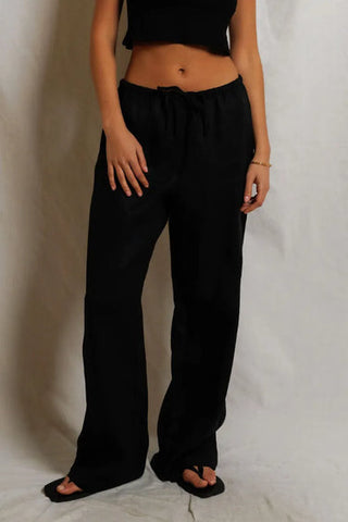 The Lorana Linen Drawstring Pant in Black - Olive Street