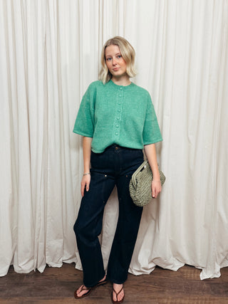 The Short Sleeve Button Cardigan in Green - Olive Street