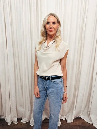 The Draped Cowl Neck Cap Sleeve Top in Taupe - Olive Street
