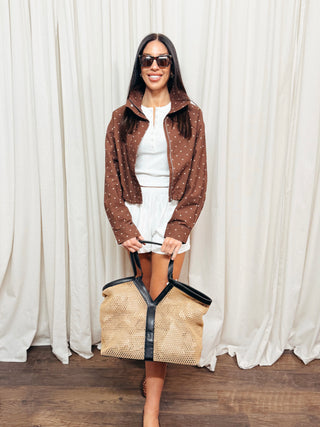 The High Neck Drawstring Pullover Jacket in Brown Dot