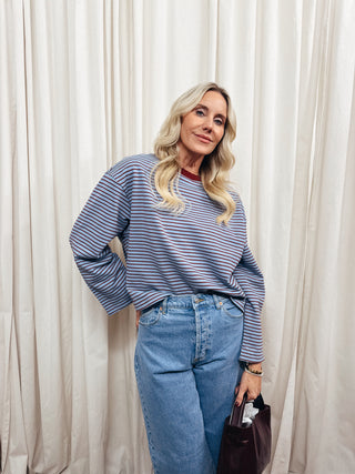 The Boxy Stripe Long Sleeve Tee in Blue