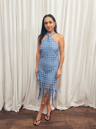 The Dot Fringe Halter Dress Blue / Large The Dot Fringe Halter Dress Blue / Large