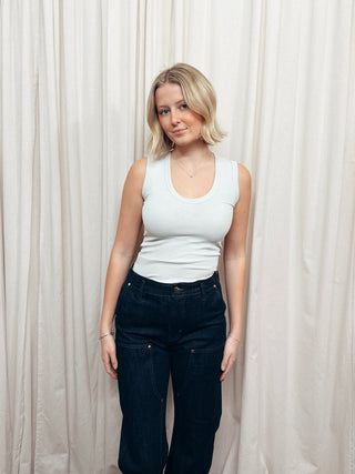 The U-Neck Fitted Ribbed Tank in Blue - Olive Street