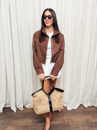 The High Neck Drawstring Pullover Jacket in Brown Dot