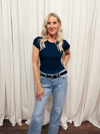 The Ribbed Cap Sleeve Baby Tee in Navy - Olive Street
