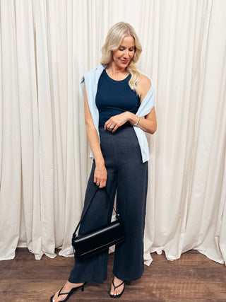 The Clean Wide Leg Linen Pants in Navy