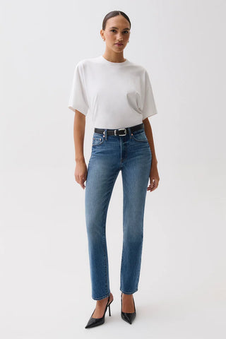 The Aleks Mid Rise Straight Long Jean in Sea Salt