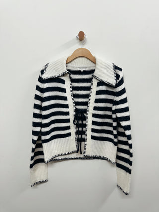 Tie Front Stripe Collared Cardigan