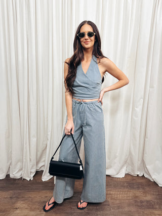 The Pinstripe Wide Leg Structured Pant - Olive Street